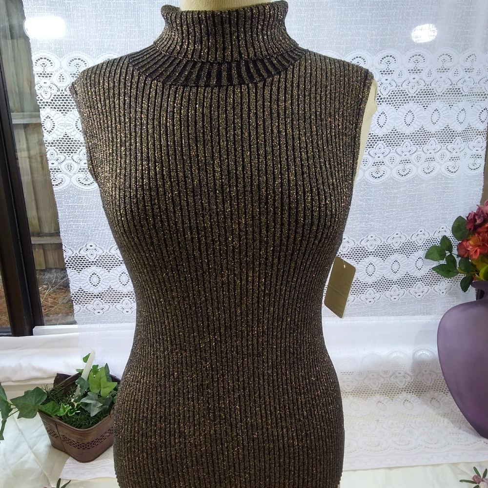Cable & Gauge Metallic Silk Blend Ribbed Sleeveless Turtleneck